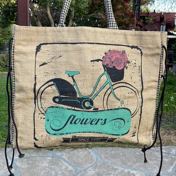 🌺 Mona B; CUTE Boutique Burlap “Flowers since 1952” Parisian Large Market Bag! - Picture 3 of 15